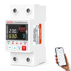SINOTIMER Colorful LED WiFi Smart Energy Meter, AC 63A 80-300V WiFi Earth Leakage Over Under Voltage Protector, Circuit Breaker Din Rail, Electricity Energy Monitor APP Remote Control Smart Life 230V