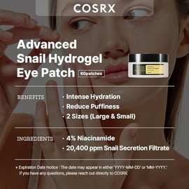 COSRX Advanced Snail Hydrogel Eye Patch (60pc), Gel Serum Mask, Puffy Undereye Treament, Fine Lines, Refresh, Hydrate| Paraben free, Korean Skin Care