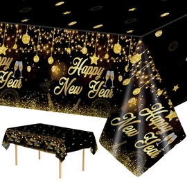 3 Pack New Years Tablecloths - Happy New Year Plastic Tablecloth Set, Black and Gold Disposable New Year's Table Cloth Cover Rectangle for 2025 New Years Eve Party Supplies Decorations, 108x54 Inch