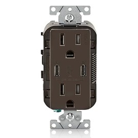 Leviton T5637-B 30W USB Dual Type-C in-Wall Charger with 15A Outlet, USB Charger for Smartphones and Tablets, Brown