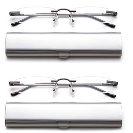 2 Pack Compact Reading Glasses in Tube Slim Rimless Reader in Aluminum Case