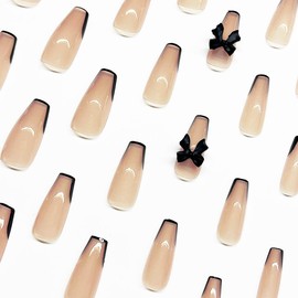 French Tip Press on Nails Nude Long Press on Nails 3D Bow Fake Nails Charm Design Full Cover False Nails Artificial Nails Coffin Black Nail Tips Acrylic Glue on Nails Stick on Nails for Women 24Pcs