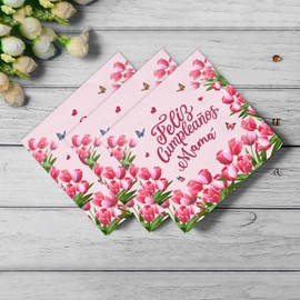 Lofaris Kids Party Napkins - 50PCS Pink Tulip Theme "Happy Birthday Mom" Party Napkins, 6.5x6.5 Inches, Birthday Party Decorations for Women and Moms