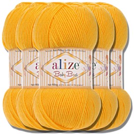 Alize Baby Best Turkish Premium Wool Made of Cotton and Acrylic, 5 x 100 g, Plain Hand Knitting Yarn, Knitting Yarn, Plain Baby Wool for Crocheting, Knitting Scarves (Dark Yellow 216)