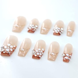 farfarflame Handmade Nail Tip, Medium, Long, False Nails, Almond, 3D Diamond, Cat Eye Gel, Glossy, Stylish, Cute Design, Autumn, Winter, Party, Pack of 10 (Cherry Blossom Promise, M)
