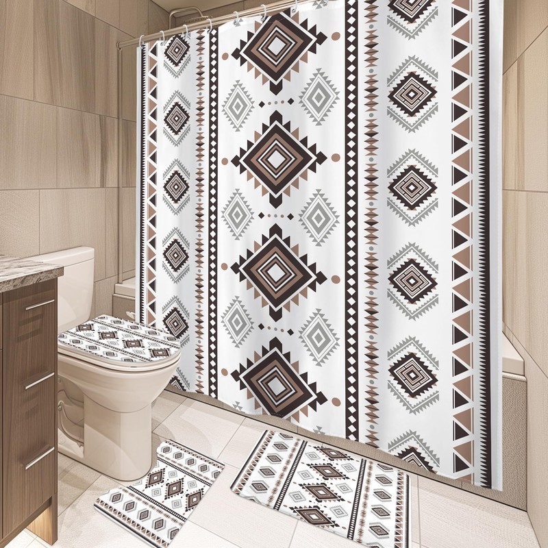 4PCS Western Aztec Shower Curtain Set Abstract Bathroom Set with