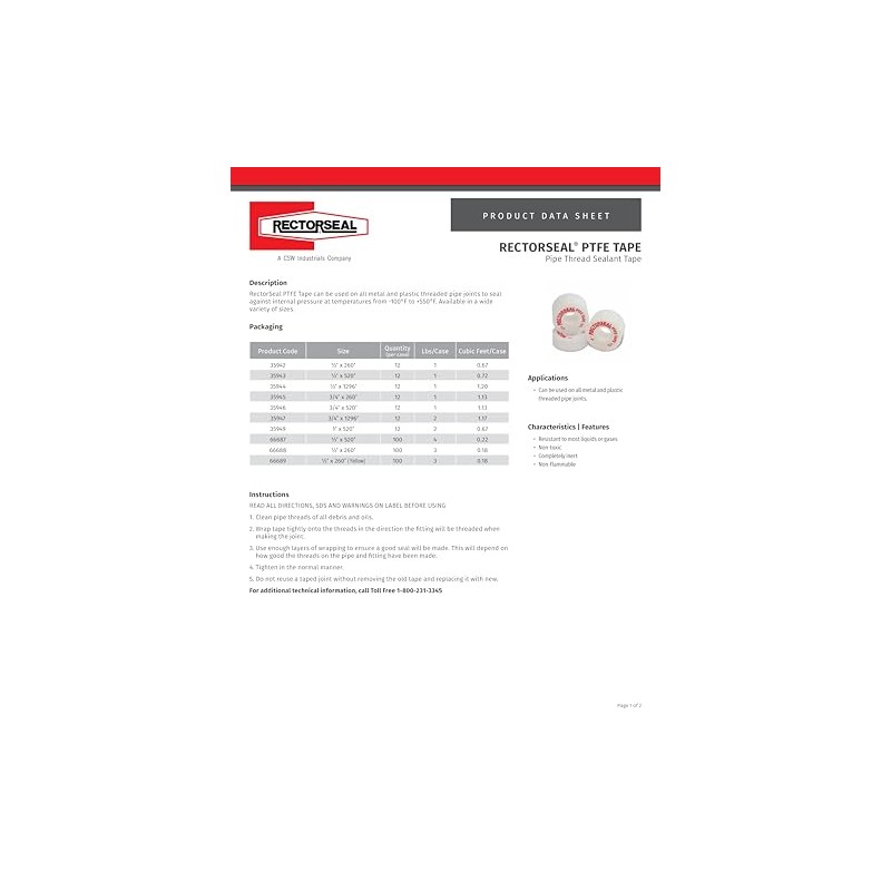 RectorSeal PTFE Tape 35942 Pipe Thread Sealant, Pure PTFE, Plumbing,