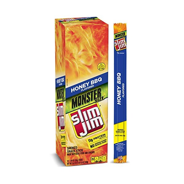 Slim Jim Monster Smoked Meat Sticks, Honey BBQ, Packed with Protein, 1.94 Oz. Sticks, 18 Count