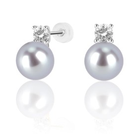 MIKOSTRA 925 Sterling Silver Post Cubic Zirconia 9mm Grey Round AAAAA+ Quality Handpicked Freshwater Cultured Stud Button Pearl Earrings Hypoallergenic with Genuine Cultured Pearls