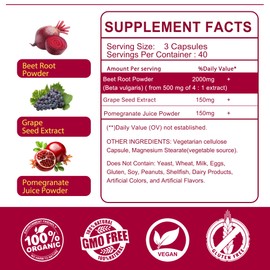 Beet Root Capsules 2000mg Nitric Oxide Supplements w/ Grape Seed Extract, Pomegranate Extract Supports Circulation & Blood Flow, Energy for Men/Women, Organic Beetroot Powder, Non GMO, 240 Counts