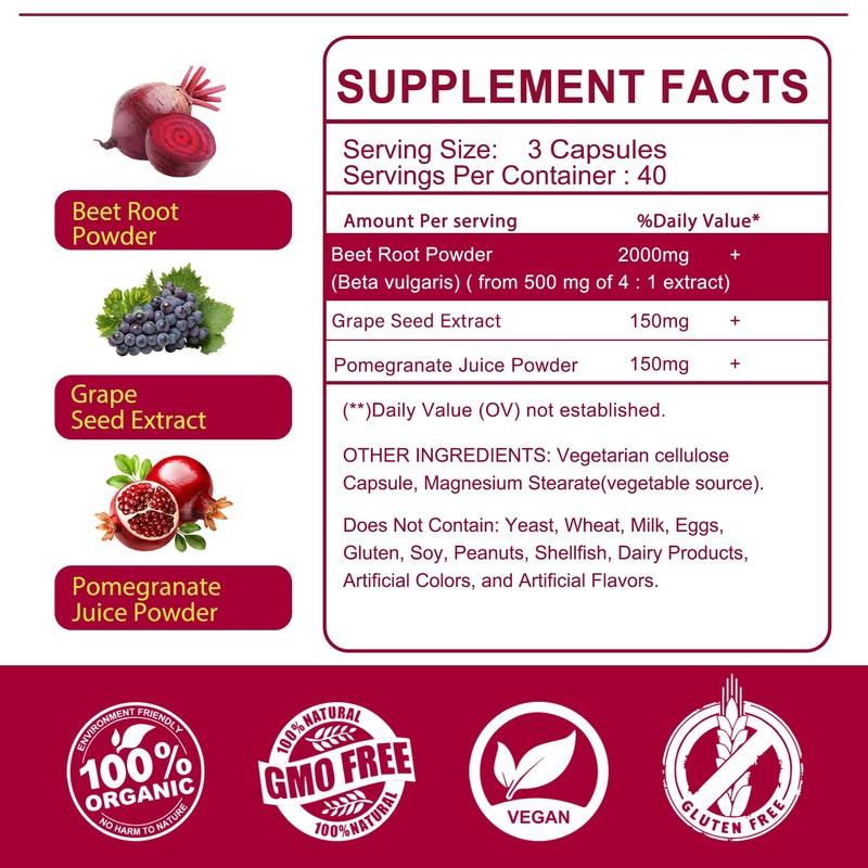 Beet Root Capsules 2000mg Nitric Oxide Supplements w/ Grape Seed