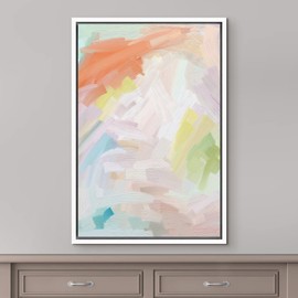 MUDECOR Framed Canvas Print Wall Art Pastel Orange, White & Green Color Field Abstract Shapes Watercolor Modern Art Contemporary Multicolor Ultra for Living Room, Bedroom, Office - 16"x24" White