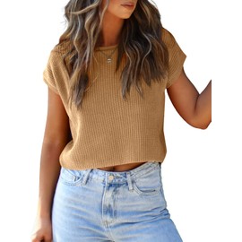 LCXWFE Womens Summer Cropped Sweater Vest Trendy Cap Sleeve Crop Tops Crew Neck Loose Knit Tank Top