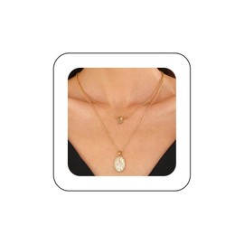 Inilbran Boho Layered Virgin Mary Pendant Necklace Vintage Ghost Medal Coin Necklace Gold Oval Disc Choker Necklace Adjustable Religious Christian Necklace Jewelry for Women