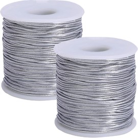 SUNMNS 2 Pcs Silver Metallic Tinsel Cords (0.8mm x 100M), Elastic and Sturdy, Ideal for Gift Wrapping, Decorating, Crafting, Beading, Jewelry Making