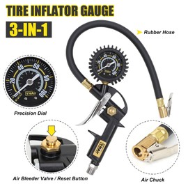 YNAir 18 Pieces Air Compressor Accessories kit, 1/4 in x 25 ft Recoil Poly Air Compressor Hose Kit, 1/4" NPT Quick Connect Air Fittings, 100 PSI Tire Inflator Gauge, Blow Gun, Couplers and Plugs