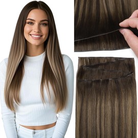 Loxxy Hair Wefts Human Hair Sew in 18 Inch Hair Extensions Real Human Hair Genius Weft Ombre Chestnut Brown Mixed Dark Brown with Dark Brown Roots for Women Straight Hand Tied 50g