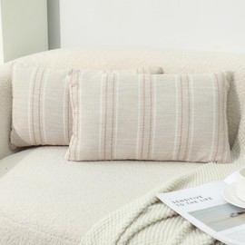 XIEJINJIA Boho Set of 2 Cushion Cover Striped Linen Decorative Farmhouse Garden Pillowcase Throw Pillow Covers for Couch Sofa Bed Living Room 30x50 cm 12x20 inch Brown Beige