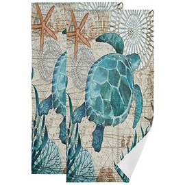 Sea Turtle Starfish Retro Map Hand Towels Set of 2 Underwater Tropical Ocean Bathroom Towel 16x30 in Soft Absorbent Guest Bath Towel Kitchen Dish Towel Spa Home Bathroom Decorations