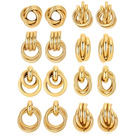 Wrlcorly 8 Pairs Gold Knot Earrings for Women Geometric Twisted Long Link Drop Dangle Earrings Lightweight Chunky Statement Earring Stud Jewelry Gifts