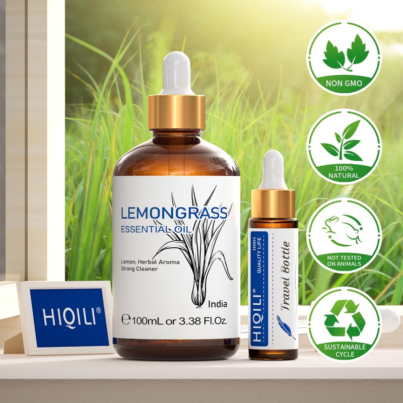 HIQILI Lemongrass Essential Oil, 100% Pure Natural Undiluted Premium Oils