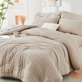 Seersucker Bed Linen 135 x 200 cm Beige Khaki Summer Plain Reversible Striped Summer Bed Linen Microfibre Breathable Lightweight Geometric Pattern Duvet Cover 135/200 Single Bed and Pillowcase 80 x 80
