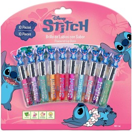 MAKEUPERIA Stitch Brillo de Labios Infantil con Sabor, Set de 10 Piezas a Base de Plantas, Cosmético Seguro y Lavable, Ideal como Regalo para Niñas, Presentación con Blíster y Goma Decorativa