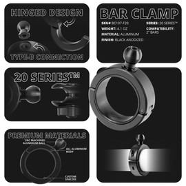 Tackform 20 Series BC1 Bar Clamp with 20mm Aluminum Ball | Billet Aluminum Clamp With Rubber Insert For 2" Bars ONLY | Black