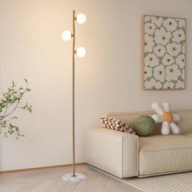 RaGiBow Mid Century Modern Floor Lamp American Style 3 Globe Floor lamp for Living Room Vintage Bright Lighting LED Standing Light for Bedroom Offices(Gold)