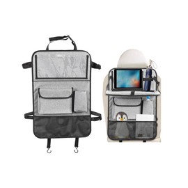 Norkmdi Car Backseat Organizer with Foldable Table Tray, 6 Storage Pocket Vehicle Seat Back Protector Kick Mat with Touch Screen Phone Holder, Auto Seat Organizer for Travel, Universal Fit (Grey)