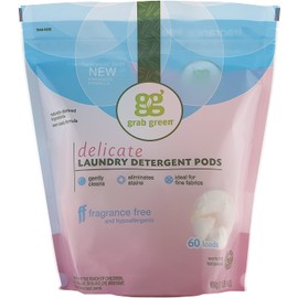 Grab Green Natural Delicate Wash Laundry Detergent Pods, Unscented/Free & Clear, 60 Loads, Fragrance Free, 600g (1lb 4Oz)