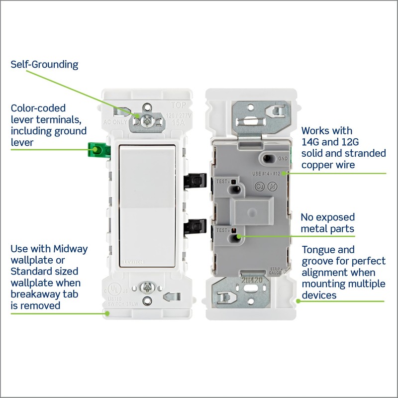 Leviton Lever Edge 15 Amp Single Pole Rocker Switch, 10-Pack,