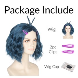 Miss U Hair Short Wavy Deep Blue Wig with Purple Hairpins Center Part Women Anime Cosplay Wig