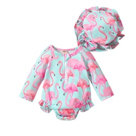 Aimaopao Newborn Baby Girls Swimsuit Long Sleeve Zipper Bathing Suit One Piece Swimwear with Hat for Beach Wear (Flamingo Pink, Newborn)