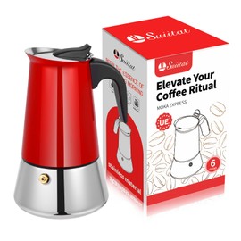 Suiitat Moka Pot, 6 Cups (10.6 oz) Stovetop Espresso Maker, 304 Stainless Steel Moka Pot, Induction Compatible, Red