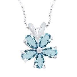 AFFY 14K White Gold Over Sterling Silver Pear Shape Simulated Blue Aquamarine Flower Pendant Necklace