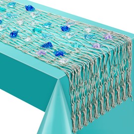 Tudomro Mermaid Fishing Net Decor Table Runner Mermaid Christmas Party Decorations Summer Diving Gem Pool Toys Natural Netting Table Runner for Nautical Ocean Beach Party Accessory Decor (1 Set)