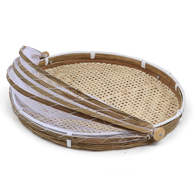 Covered Bamboo Serving Food Tent Basket Hand Woven Round Food
