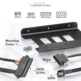 KabelDirekt – SSD/HDD Einbaurahmen (22-Pin SATA auf 4-Pin Molex Stromkabel 30cm und 7-Pin SATA 3 Datenkabel 6 Gbit/s 60cm und 8x Schrauben (Kreuzschlitz))