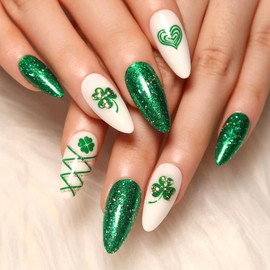 St Patrick‘s Press on Nails Almond Medium Fake Nails with Four Leaf Clover Rhinestones Heart Designs Lines Glue on Nails Green Glitter Full Cover St Patrick‘s Day Stick on Nails for Women 24Pcs