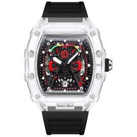 MASTOP Wine Barrel Watches for Men Skeleton Shaped Dial Clear Luminous Men's Watch Date Transparent Waterproof Silicone Resin Band Unisex Men Women Gift for Lady Fashion (Black)