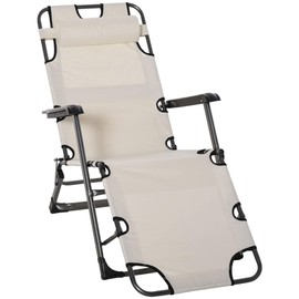 Outsunny Outdoor Folding Reclining Lounge Chairs Beach Patio Oxford Fabric 120°/180° w/Head Pillow Cream White