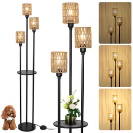 Stepeak Dimmable Boho Floor Lamps for Living Room, 3-Lights Farmhouse Floor Lamp with 3-Way Foot Switch, Rattan Floor Lamp with Shelves, Rustic Standing Lamp with Rattan Shades, Tall Lamps for Bedroom