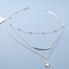 Inilbran Boho Layered Opal Moonstone Choker Necklace Silver Tube Bar Necklace Choker Vintage Moonstone Pendant Necklace Multilayer Horizontal Bar Tube Necklace Jewellery for Women and Girls