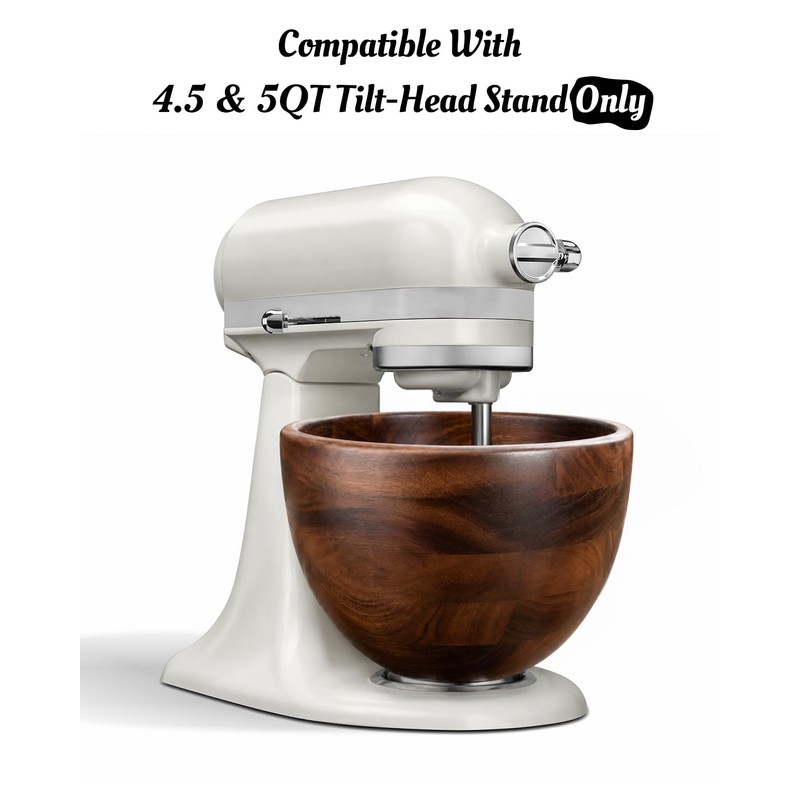 Premium Solid Walnut Wood Mixing Bowl, Compatible with KitchenAid 4.5
