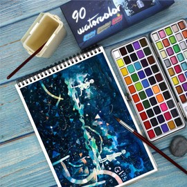 SEAMIART Watercolor Half Tray 90 Colors - 50 Basic Colors 36 Bright Colors and 4 Neon Assorted Colors Palette Metal Carrying Case for Beginners, and Professional Artists Include Pen