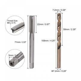 sourcing map M8 x 0.75 Straight Flute Thread Tap and 7.2mm Twist Drill Bit Set, Metric M35 Cobalt High Speed Steel Machine Threading Tap Drilling Tool for Stainless Steel