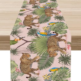 Camino de mesa de leopardo, rústico tropical de hojas de palma, selva, animales, loro, guepardo, tigre, vida silvestre, granja, centro de mesa, decoración para el hogar, cocina, comedor, patio, fiesta