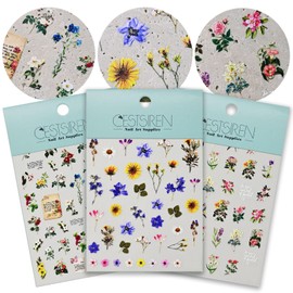 CESTSIREN Large Flowers Pattern Nail Art Stickers, Floral Nail Decals, Self-Adhesive,Summer Spring Nail Accessories for Women, Nail Decorations 3 Sheets