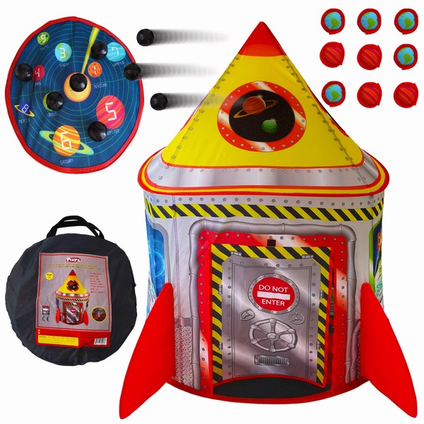 Playz 5-in-1 Rocket Ship Play Tent for Kids with Dart Board, Tic Tac Toe, Maze Game, & Immersive Floor - Indoor & Outdoor Popup Playhouse Set for Toddler, Baby, & Children Birthday Gifts